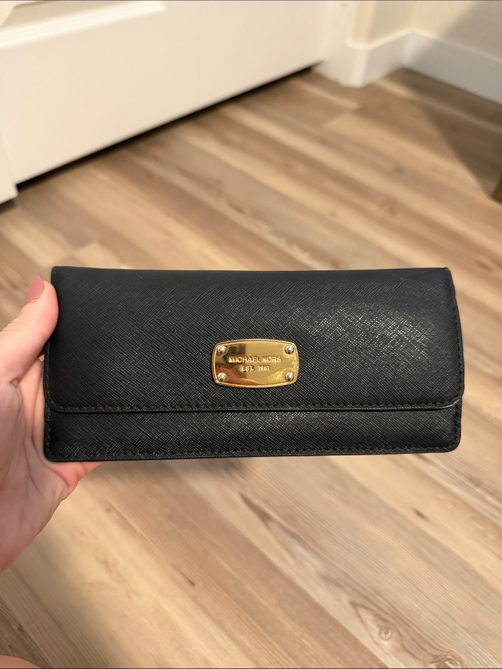 Michael Kors Black Saffiano Leather Continental Wallet with Gold Plate